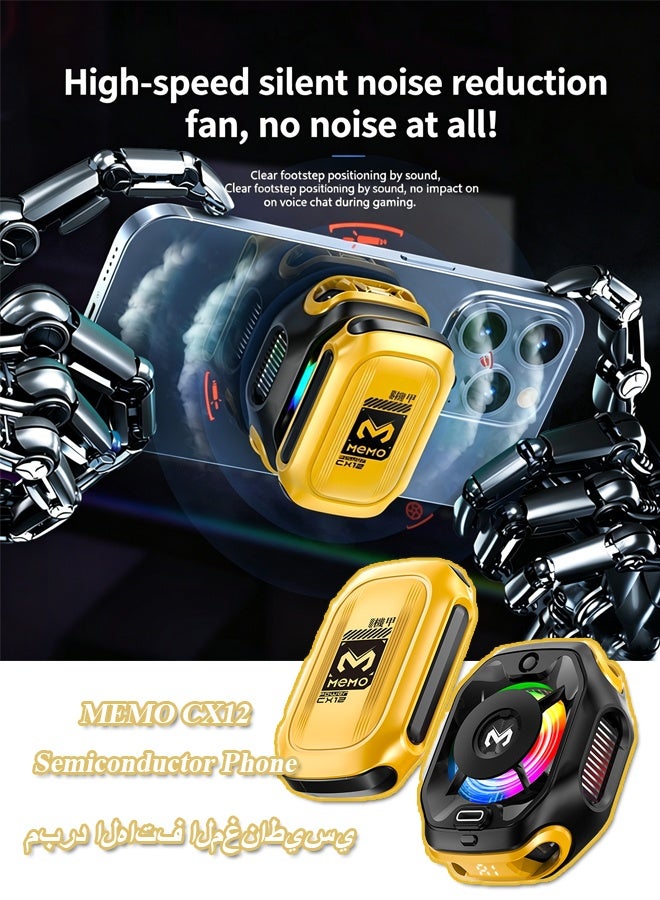 MEMO CX12 Semiconductor Phone Cooler for Game Fan PUBG, 2-Speed Adjustable Portable Phone Cooling Radiator Without Noise, AI Smart Temperature Control Yellow Cell Phone Cooler for Mobile Gaming & Live Streaming - Image 1