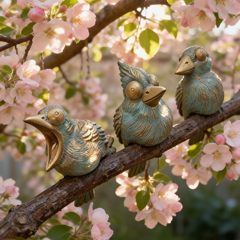3pcs Brushed Copper Bird Ornaments Round Eyes Pointed Beaks Three Dimensional Wings Varied Expressions Singing Open Beak Fluttering Feathers Fine Texture Garden Fences Balcony Plants Living Room Potted - Image 1