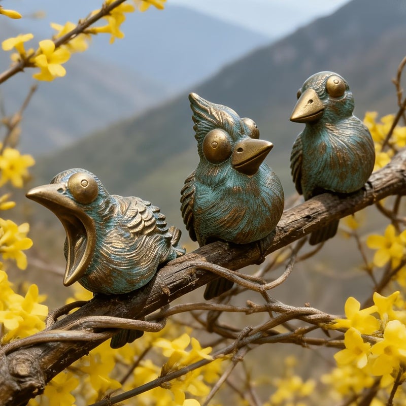 3pcs Brushed Copper Bird Ornaments Round Eyes Pointed Beaks Three Dimensional Wings Varied Expressions Singing Open Beak Fluttering Feathers Fine Texture Garden Fences Balcony Plants Living Room Potted - Image 4