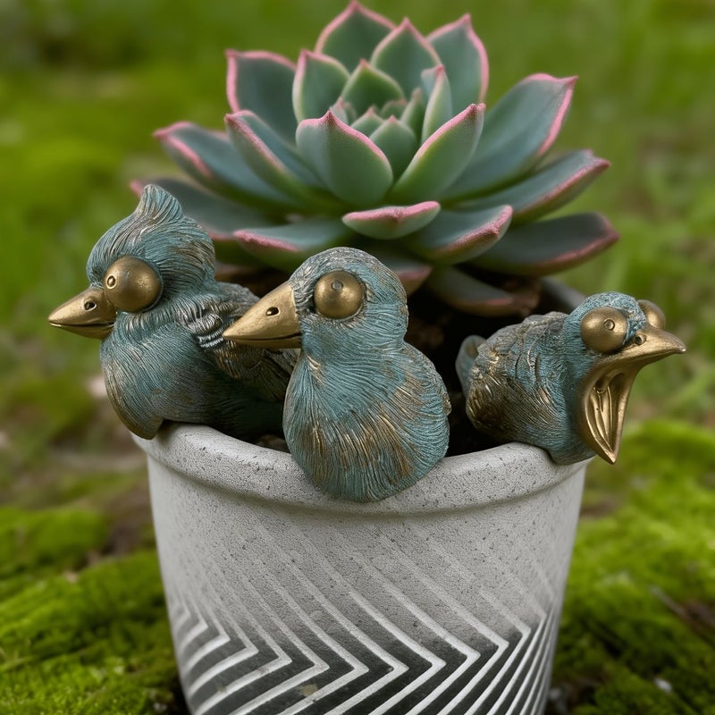 3pcs Brushed Copper Bird Ornaments Round Eyes Pointed Beaks Three Dimensional Wings Varied Expressions Singing Open Beak Fluttering Feathers Fine Texture Garden Fences Balcony Plants Living Room Potted - Image 5