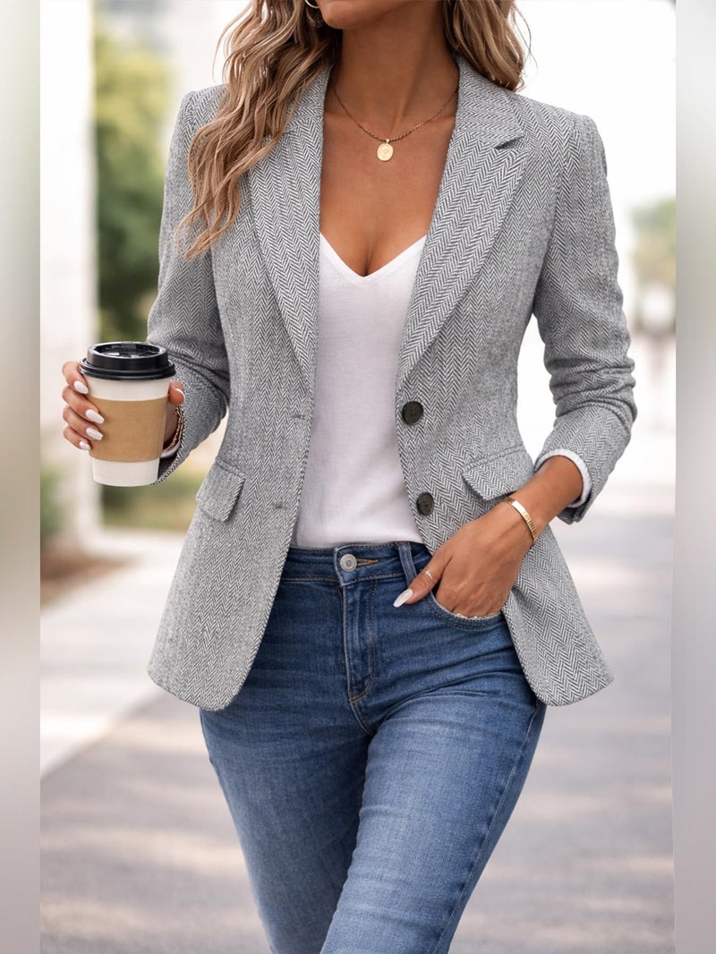 Mina Self Herringbone Blazer Women 2025 Fall Tweed Blazers Grey Business Casual Work Outfits Professional Ladies Office Trendy Dressy Womens Jacket Women's Blazers & Suit Jackets ZHB014 Grey L - Image 5
