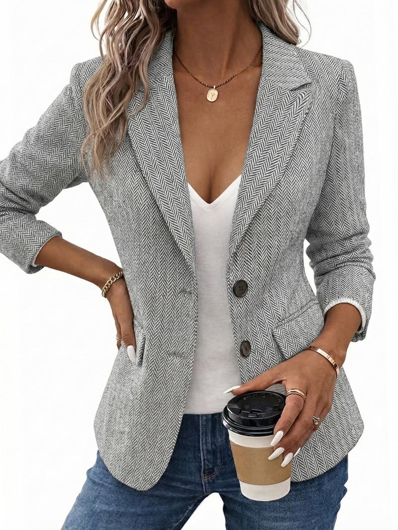 Mina Self Herringbone Blazer Women 2025 Fall Tweed Blazers Grey Business Casual Work Outfits Professional Ladies Office Trendy Dressy Womens Jacket Women's Blazers & Suit Jackets ZHB014 Grey L - Image 3