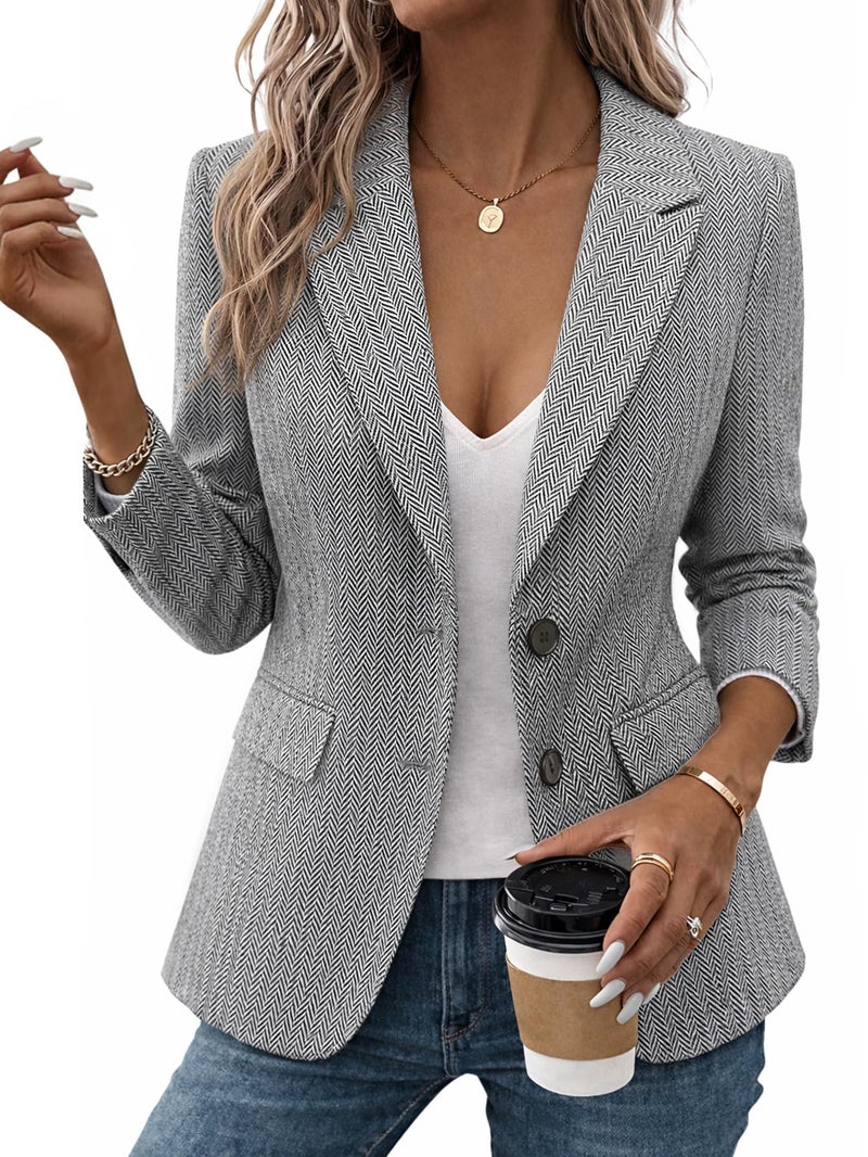 Mina Self Herringbone Blazer Women 2025 Fall Tweed Blazers Grey Business Casual Work Outfits Professional Ladies Office Trendy Dressy Womens Jacket Women's Blazers & Suit Jackets ZHB014 Grey L - Image 1