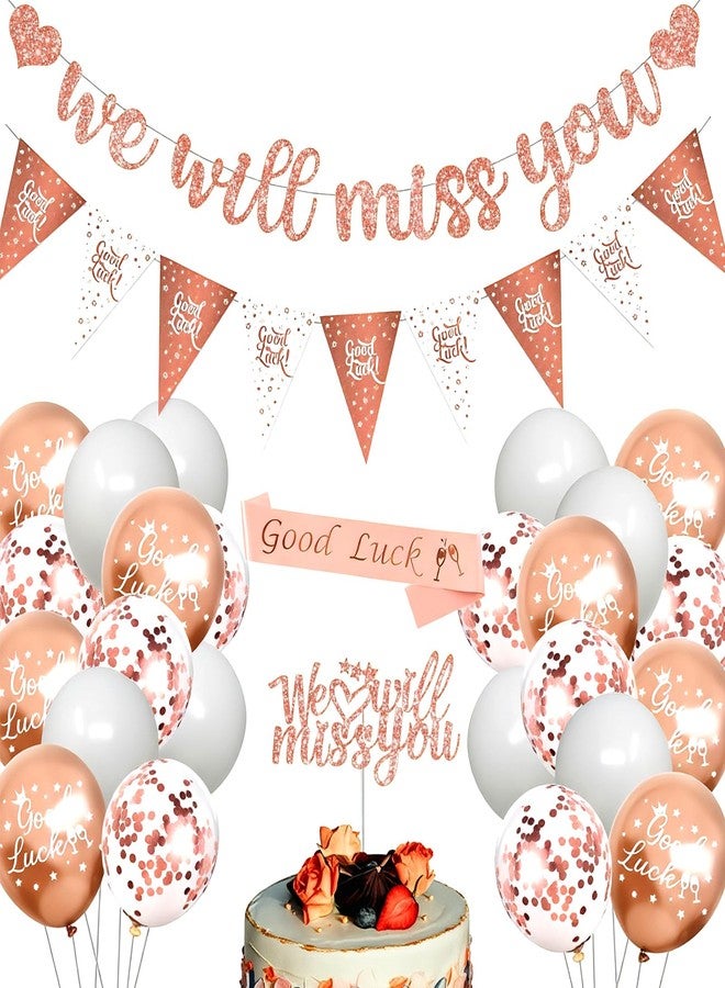 Vynflick Farewell Going Away Party Decorations-We Will Miss You Banner for Coworker Leaving, Goodbye Party Decorations with Good Luck Sash Ballons Cake Topper, Funny Goodbye Gifts for Office Women - Image 1