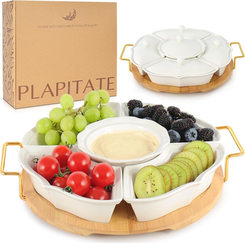 PLAPITATE صواني تقديم الحفلات وأطباق سيراميك صينية لذيذة دوارة مع أقسام مقسمة صينية تقديم مقبلات دوارة للفواكه والخضروات والرقائق والصلصات مجموعة تقديم - Image 1