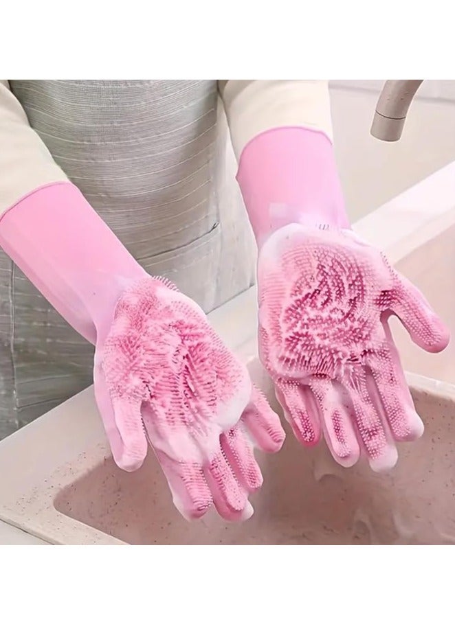 RACO Silicone Dishwashing Gloves with Scrubbers | Washing Vegetables, Dishwashing, Cleaning Tools, Kitchen Gloves, Thickened, Hard-Wearing | Kitchen Cleaning Glove for Women and Men Pink - Image 1