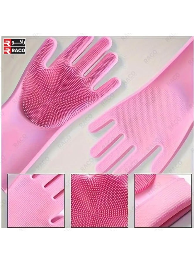 RACO Silicone Dishwashing Gloves with Scrubbers | Washing Vegetables, Dishwashing, Cleaning Tools, Kitchen Gloves, Thickened, Hard-Wearing | Kitchen Cleaning Glove for Women and Men Pink - Image 3