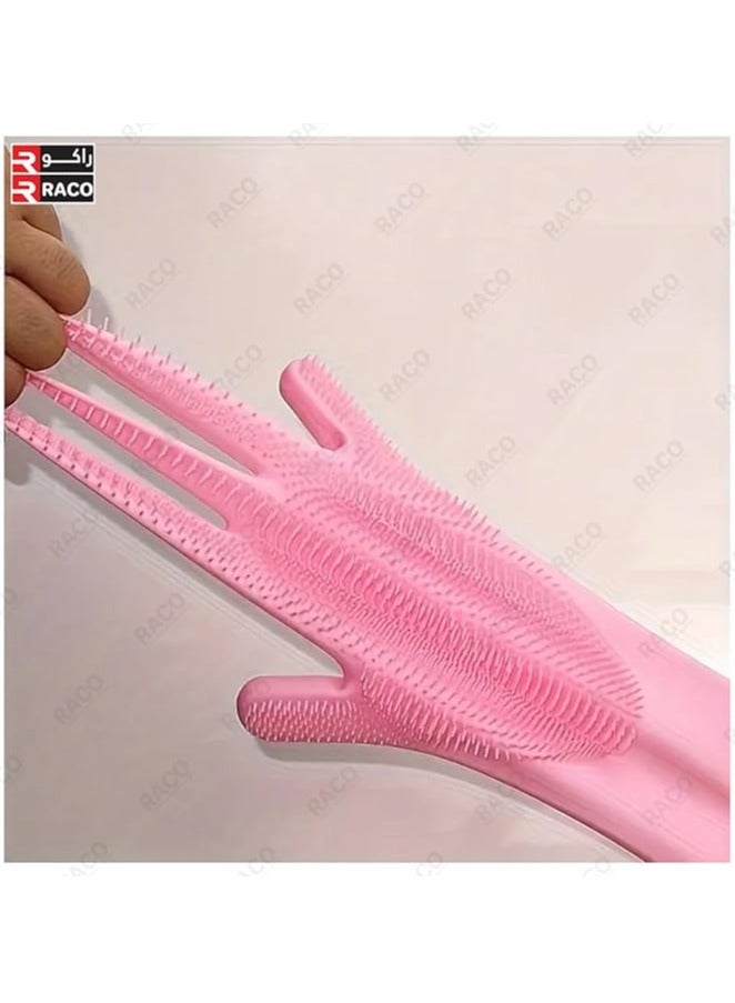 RACO Silicone Dishwashing Gloves with Scrubbers | Washing Vegetables, Dishwashing, Cleaning Tools, Kitchen Gloves, Thickened, Hard-Wearing | Kitchen Cleaning Glove for Women and Men Pink - Image 4