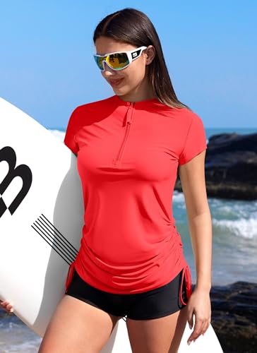 BesserBay Women Sun Protective Half Zip Rash Guard Surfing Top Sun Protection Ruched Swim Shirt M Coral - Image 5