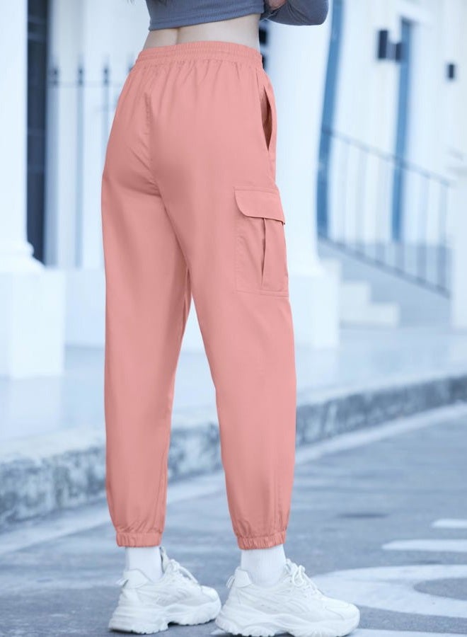 SANGTREE Women's Cargo Pants Elastic Waist Drawstring Tapered Jogger Pants with Pockets for Women,Pink,S, 1#pink, S - Image 2