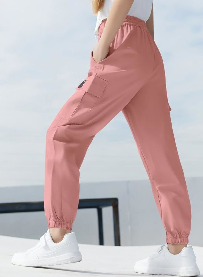 SANGTREE Women's Cargo Pants Elastic Waist Drawstring Tapered Jogger Pants with Pockets for Women,Pink,S, 1#pink, S - Image 5