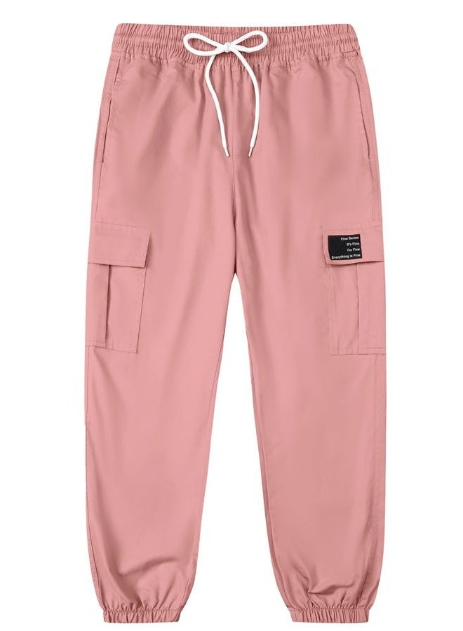 SANGTREE Women's Cargo Pants Elastic Waist Drawstring Tapered Jogger Pants with Pockets for Women,Pink,S, 1#pink, S - Image 3