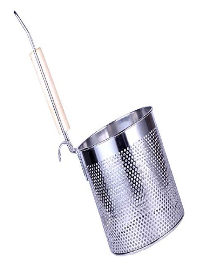 FixtureDisplays® 5" x 5 1/4" Stainless Steel Pasta Strainer Colander/Blanching Basket with Wood Handle and Flat Bottom 18017 - Image 2
