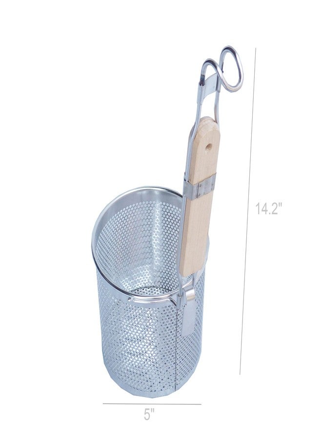 FixtureDisplays® 5" x 5 1/4" Stainless Steel Pasta Strainer Colander/Blanching Basket with Wood Handle and Flat Bottom 18017 - Image 5