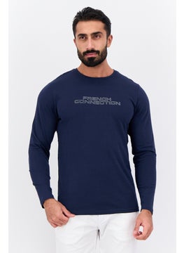 French Connection Men Crew Neck Long Sleeve Brand Logo T Shirt, Navy  - Image 1