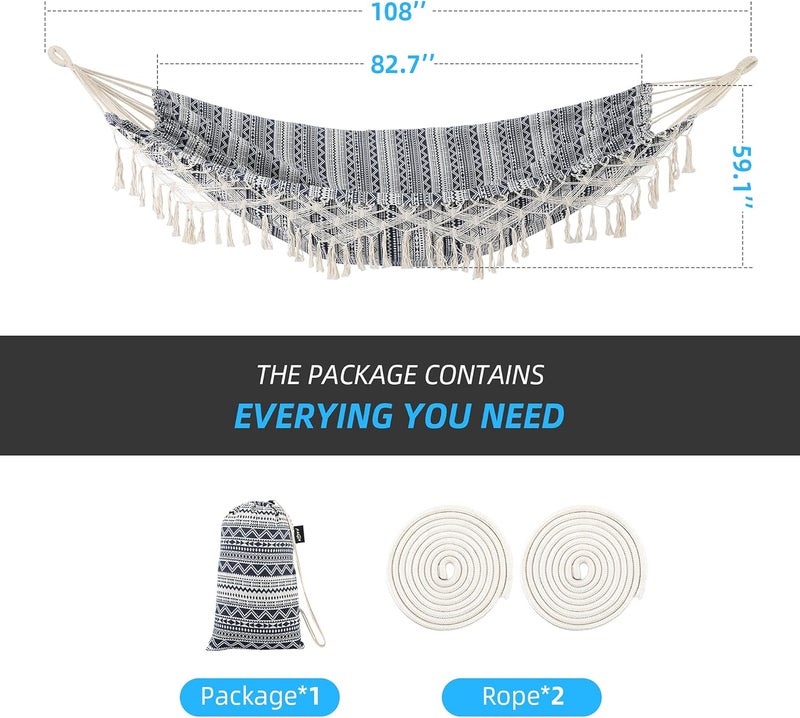 ROOITY Garden Hammock with Tassels,2 Persons Indoor Hammocks with Portable Carry Bag Deluxe Macrame Fringe for Patio,Porch,Backyard,Beach,Outdoor and Inside Cotton Fabric, Up to 450Lbs (Blue-White) - Image 2