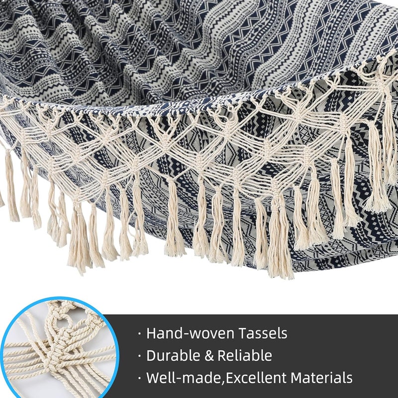 ROOITY Garden Hammock with Tassels,2 Persons Indoor Hammocks with Portable Carry Bag Deluxe Macrame Fringe for Patio,Porch,Backyard,Beach,Outdoor and Inside Cotton Fabric, Up to 450Lbs (Blue-White) - Image 3