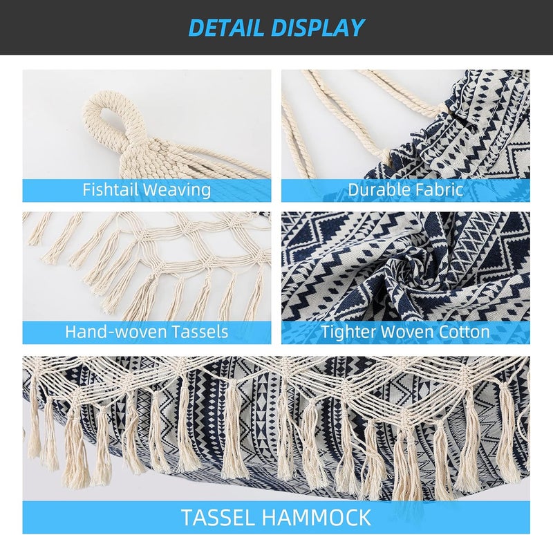 ROOITY Garden Hammock with Tassels,2 Persons Indoor Hammocks with Portable Carry Bag Deluxe Macrame Fringe for Patio,Porch,Backyard,Beach,Outdoor and Inside Cotton Fabric, Up to 450Lbs (Blue-White) - Image 4