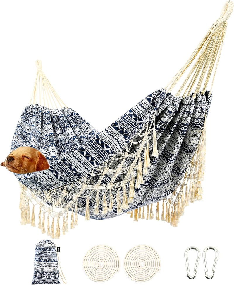 ROOITY Garden Hammock with Tassels,2 Persons Indoor Hammocks with Portable Carry Bag Deluxe Macrame Fringe for Patio,Porch,Backyard,Beach,Outdoor and Inside Cotton Fabric, Up to 450Lbs (Blue-White) - Image 1