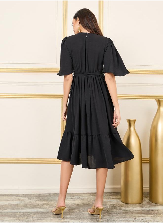 Styli Styli Embroidered 3/4 Sleeve Tiered Midi Dress with Tie Belt  - Image 4