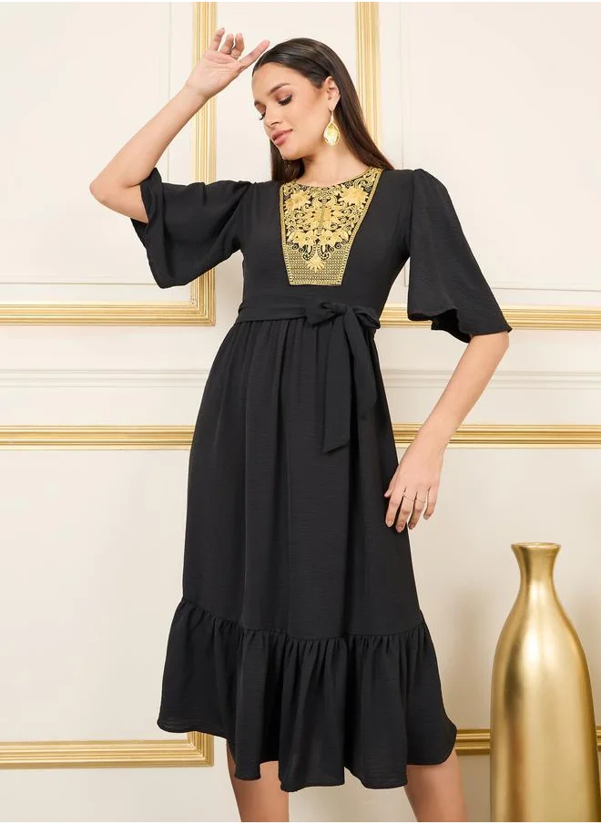 Styli Styli Embroidered 3/4 Sleeve Tiered Midi Dress with Tie Belt