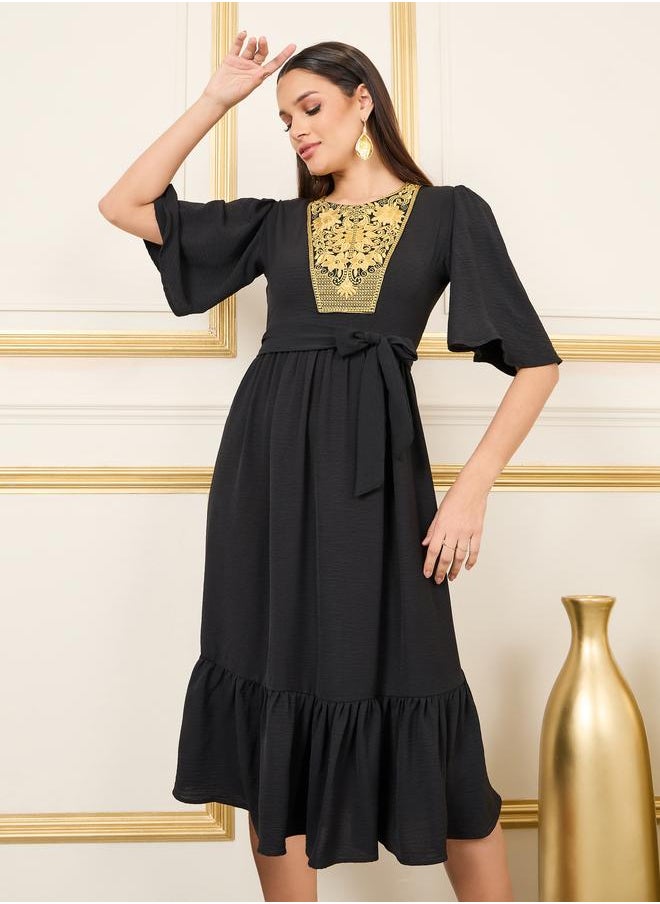 Styli Styli Embroidered 3/4 Sleeve Tiered Midi Dress with Tie Belt  - Image 2