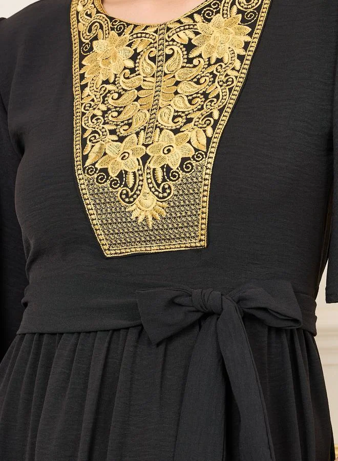 Styli Styli Embroidered 3/4 Sleeve Tiered Midi Dress with Tie Belt