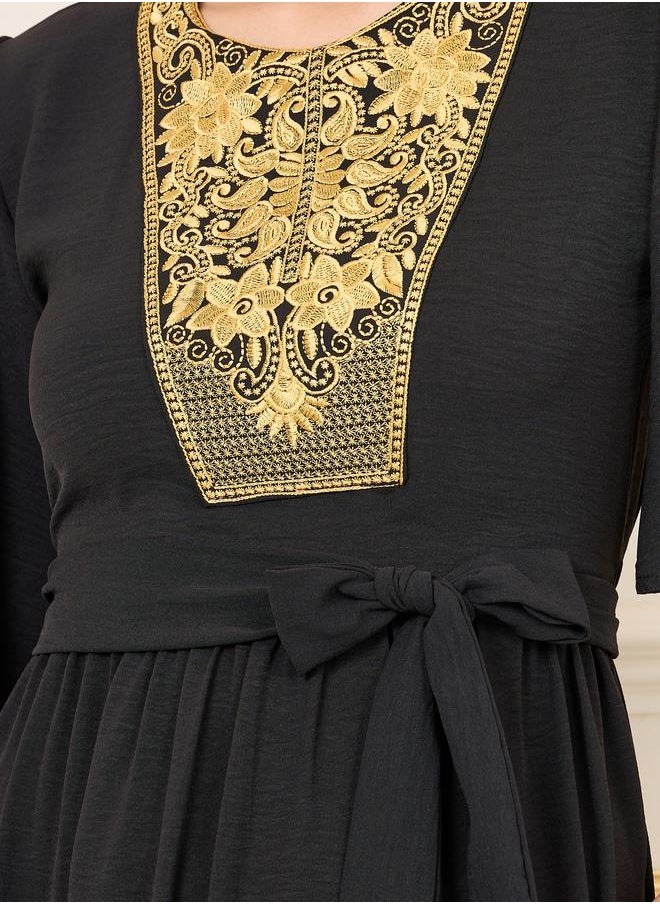 Styli Styli Embroidered 3/4 Sleeve Tiered Midi Dress with Tie Belt  - Image 3