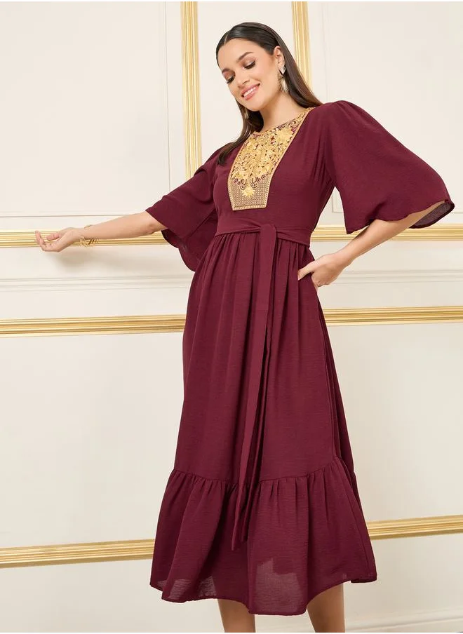 ستايلي Embroidered 3/4 Sleeve Tiered Midi Dress with Tie Belt