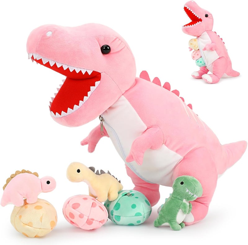 MorisMos Pink Dinosaur Teddy with Babies in Eggs, Cuddly Lifelike Tyrannosaurus Rex Dino Plush Stuffed Animal Soft Toys,Presents for Girls Kids Boys-Valentines gift Birthday Party Decor 58cm/23in - Image 1
