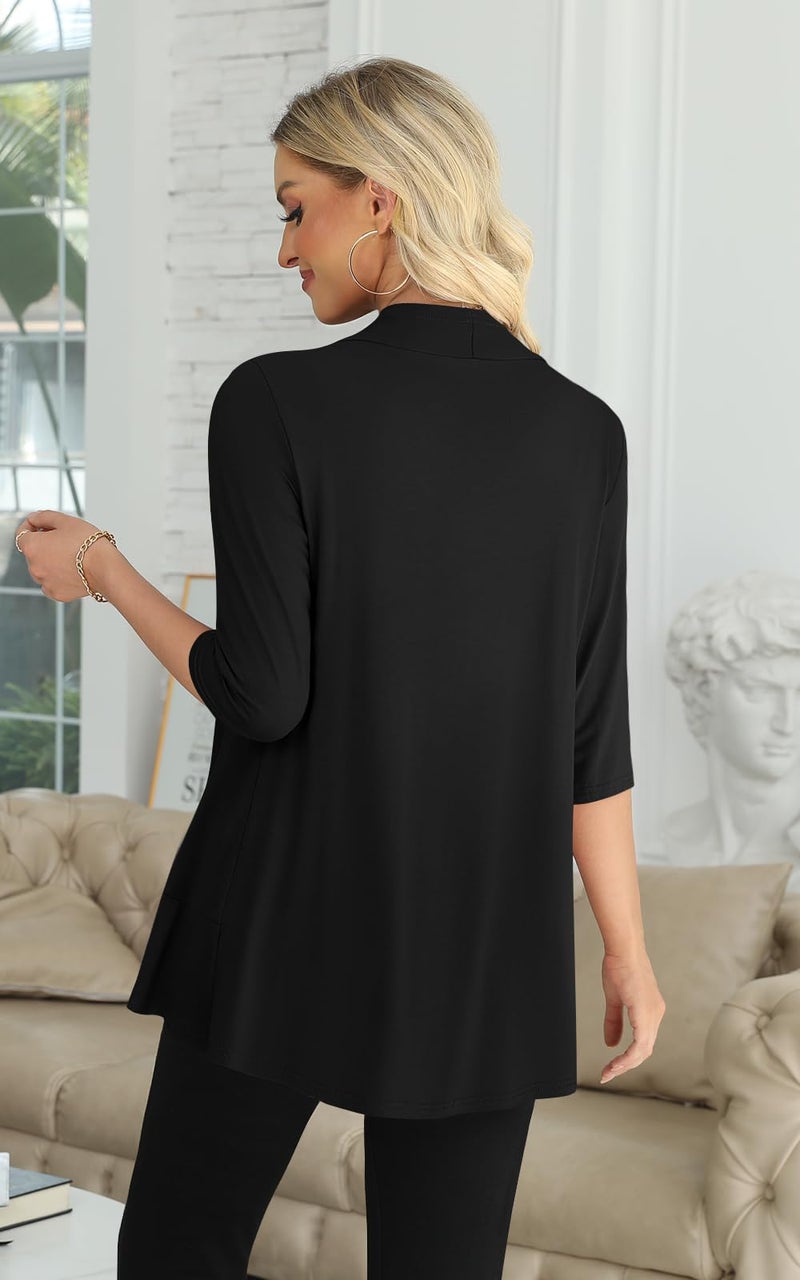Yincro Women's 3/4 Sleeve Cardigan Casual Lightweight Soft Open Front Cardigans (Black, 2XL) - Image 3