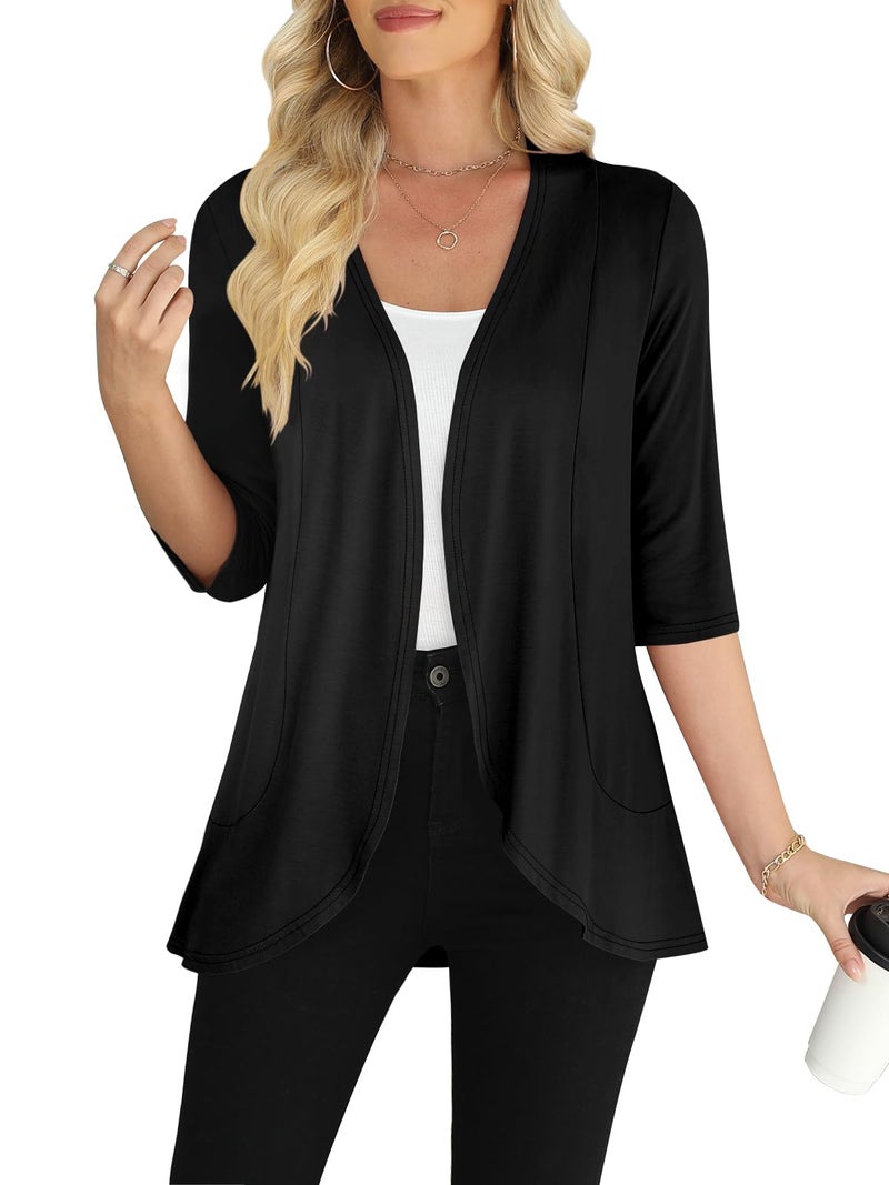 Yincro Women's 3/4 Sleeve Cardigan Casual Lightweight Soft Open Front Cardigans (Black, 2XL) - Image 1