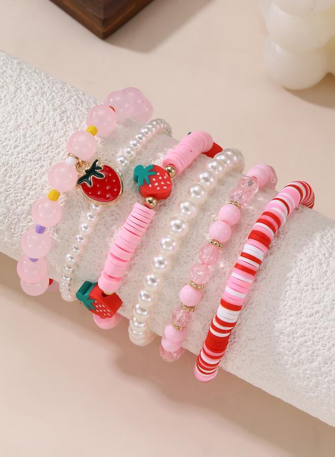 Take Two Pack of 6 - Girls Pink Strawberry Charm Beaded Bracelets - Image 2