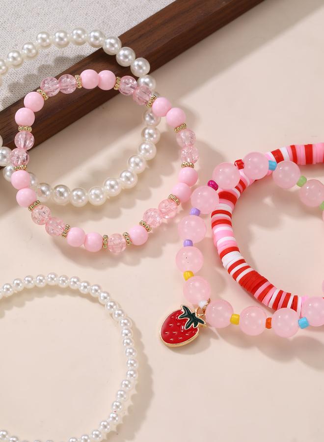 Take Two Pack of 6 - Girls Pink Strawberry Charm Beaded Bracelets - Image 3