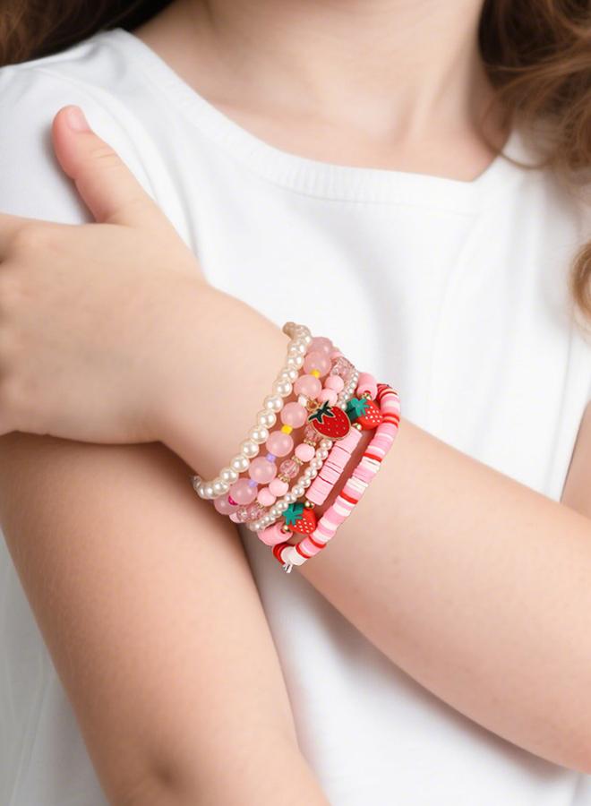 Take Two Pack of 6 - Girls Pink Strawberry Charm Beaded Bracelets - Image 1