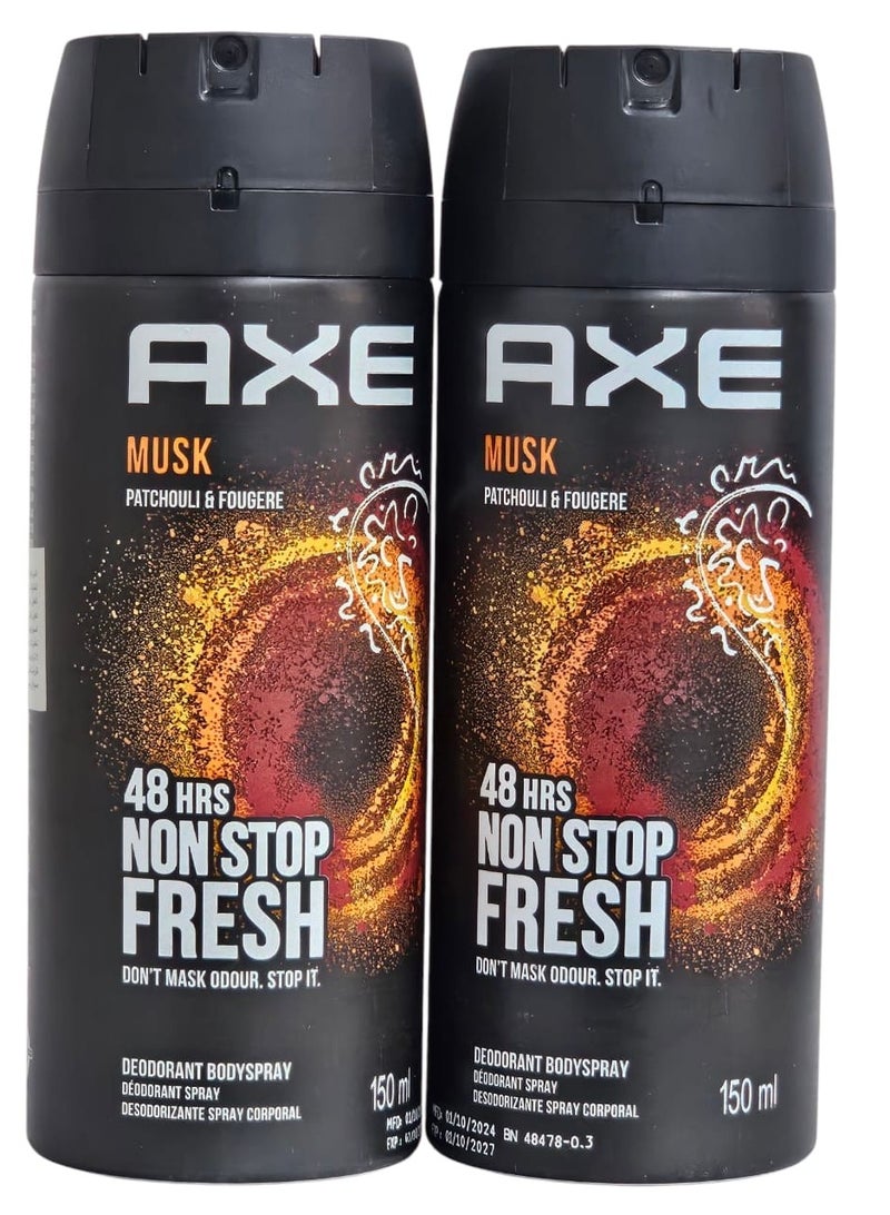 Axe Deodorant spray X with musk and patchouli scent 150ml. From two bottles.
