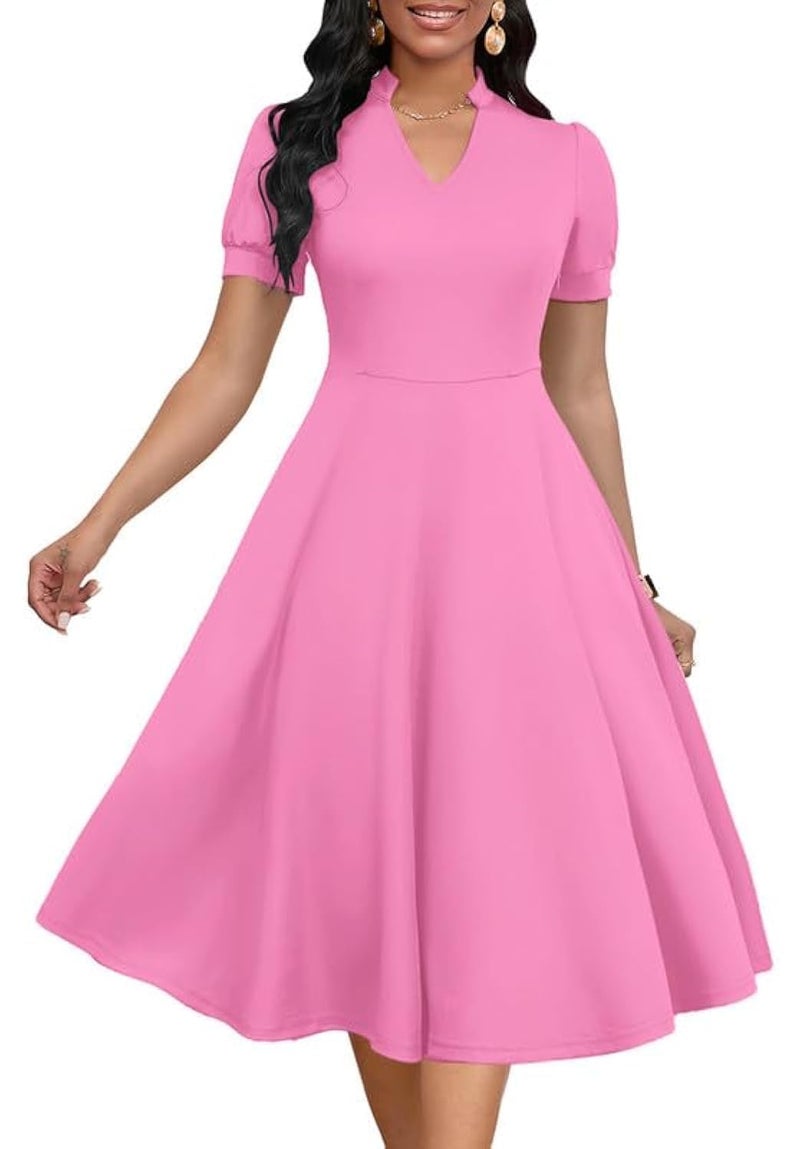 MarryUP Pink Dress for Women Short Puff Sleeve V Neck Elegant Semi-Formal Vintage Cocktail Tea A-Line Midi Dress Pink 2XL