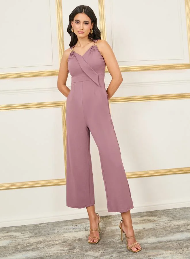 ستايلي Textured Metal Detail Strap Wide Leg Jumpsuit with Pocket