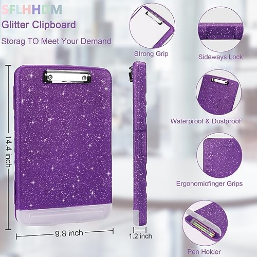 SFLHHDM Glitter Clipboard with Storage,Storage Clipboard with Pen Holder,A4 Binder Clip Boards 8.5x11 with Low Profile Clip,Side Opening Sparkle Clipboards, Clipboards Folder for Office Supplies-Dark Purple - Image 2