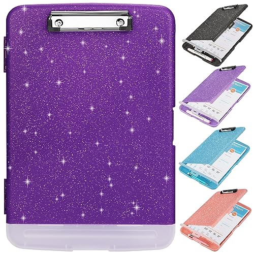 SFLHHDM Glitter Clipboard with Storage,Storage Clipboard with Pen Holder,A4 Binder Clip Boards 8.5x11 with Low Profile Clip,Side Opening Sparkle Clipboards, Clipboards Folder for Office Supplies-Dark Purple - Image 1