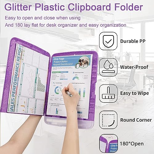 SFLHHDM Glitter Clipboard with Storage,Storage Clipboard with Pen Holder,A4 Binder Clip Boards 8.5x11 with Low Profile Clip,Side Opening Sparkle Clipboards, Clipboards Folder for Office Supplies-Dark Purple - Image 5