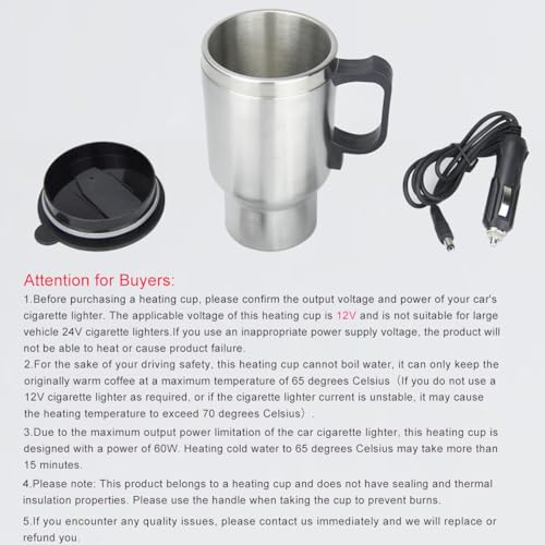 MOSANDON 12V Car Heating Cup Car Heated Mug, 450ml Stainless Steel Travel Electric Coffee Cup 14oz. Insulated Heated Preservation Mug - Image 3
