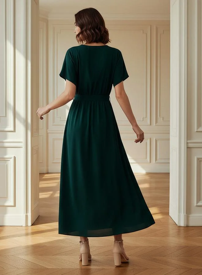 Splash FAV Belted Midi Dress with Short Sleeves and V-neck