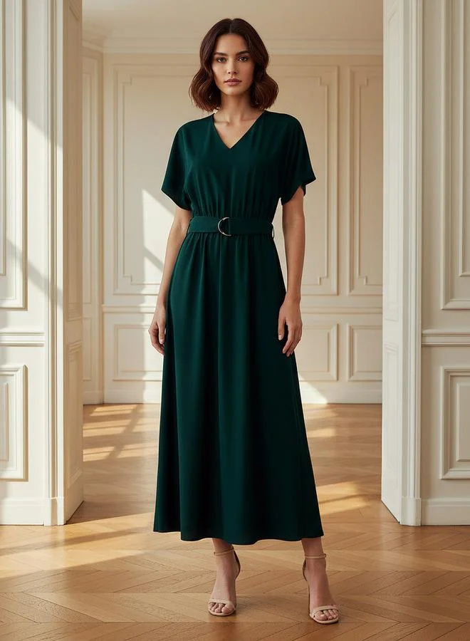 Splash FAV Belted Midi Dress with Short Sleeves and V-neck