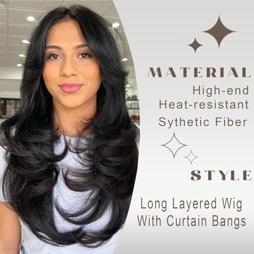 Aisaide Long Wavy Highlight Brown Layered Wig with Curtain Bangs for Black Women Synthetic Ombre Brown Layered Wig Long Wavy Highlight Blonde Shaggy for Women 24 inch - Image 4