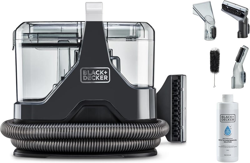 بلاك اند ديكر BLACK+DECKER 600W مكنسة لإزالة البقع متعددة الأسطح للسجاد، الأرائك، الأثاث، السلالم وداخل السيارات | مزيل بقع مع نظام خزان مزدوج، 5 أدوات إضافية، محلول تنظيف، لون أسود | BHSC600C-B5 - Image 1