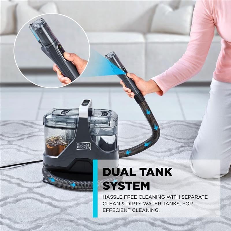 بلاك اند ديكر BLACK+DECKER 600W مكنسة لإزالة البقع متعددة الأسطح للسجاد، الأرائك، الأثاث، السلالم وداخل السيارات | مزيل بقع مع نظام خزان مزدوج، 5 أدوات إضافية، محلول تنظيف، لون أسود | BHSC600C-B5 - Image 4