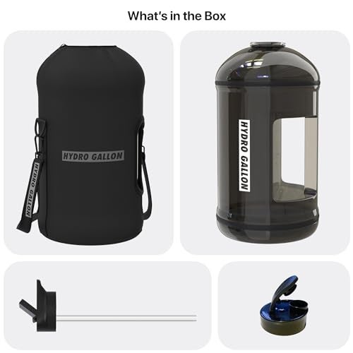 Hydro Gallon® - 1 Gallon Water Bottle Jug with Insulated Sleeve and Straw Lid, Handle, Time Marker, Pocket, Shoulder Strap. Daily Intake Leakproof BPA free Large Big Bottle Men. 128oz (Black) - Image 2