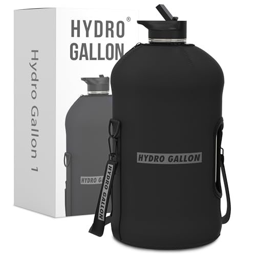 Hydro Gallon® - 1 Gallon Water Bottle Jug with Insulated Sleeve and Straw Lid, Handle, Time Marker, Pocket, Shoulder Strap. Daily Intake Leakproof BPA free Large Big Bottle Men. 128oz (Black) - Image 1