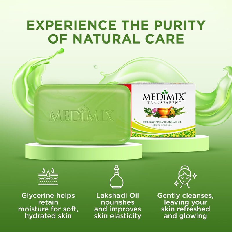 Medimix صابون الاستحمام الشفاف الأيورفيدي ميديمكس المصنوع تقليديًا 125 جرام 3 في 1 مجموعة مدمجة مع الجلسرين وزيت لاكشادي فعال للبشرة الجافة - Image 2